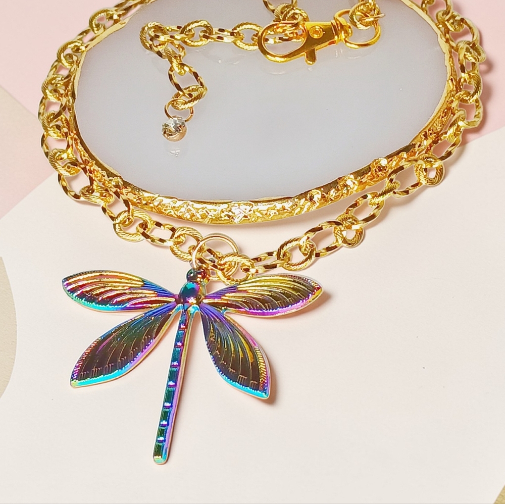 HP🎉 Gold Enchanted Choker Necklace Multicolor Dragonfly Pendant New Age Grunge
